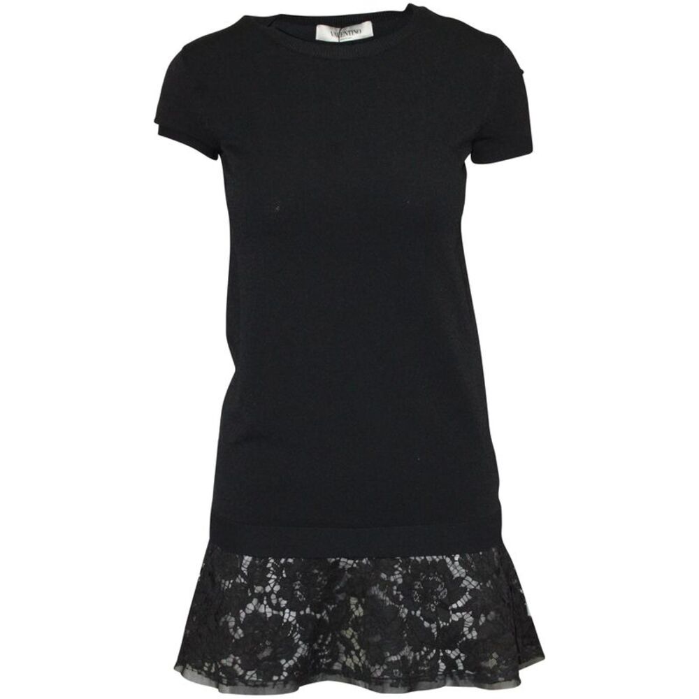 Valentino Fluted Laced Hem T-shirt Dress in Black Cotton
